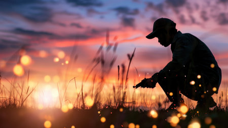A serene silhouette of a child crouching in a grassy field at sunset, surrounded by vibrant colors in the sky and glowing fireflies, evokes feelings of wonder.の素材