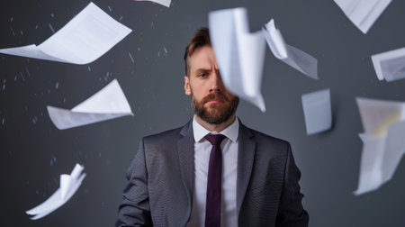A focused businessman stands amidst a flurry of flying papers, expressing determination and resilience in the face of workplace chaos and challenges.の素材