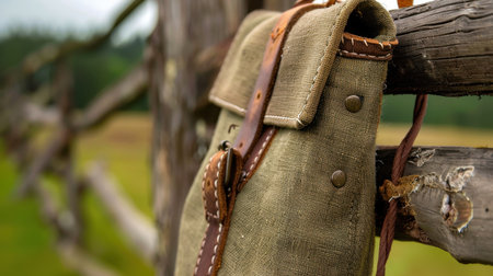 A rustic leather strap bag hangs elegantly on a weathered wooden fence, showcasing the beauty of nature and craftsmanship. The serene outdoor landscape with a blend of greenery and cloudy sky enhances the tranquil atmosphere, perfect for lifestyle and travel visuals.の素材