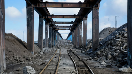 A captivating view of industrial railway tracks beneath a robust metal structure, surrounded by rocky terrain and open blue skies, showcasing urban infrastructure.の素材