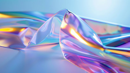 This vibrant image showcases an iridescent plastic sheet with colorful reflections and gentle curves, perfect for modern artistic designs and backgrounds.の素材