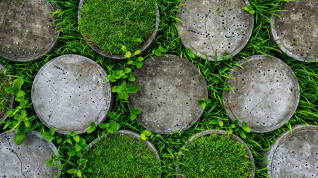 This image captures an overhead view of circular stone pavers intertwined with vibrant green grass and small plants, showcasing a harmonious blend of nature and design.の素材