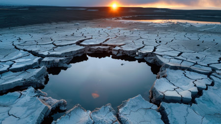 A captivating view of cracked earth surrounding a small water pool, reflecting a stunning sunset and creating a serene atmosphere in nature.の素材