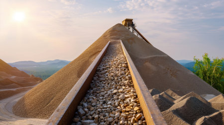 A large pile of sand dominates the foreground at a construction site, with a conveyor belt transporting gravel and a scenic landscape illuminated by sunrise.の素材