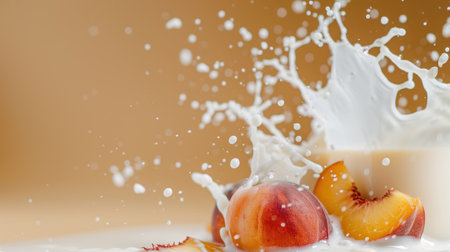 This vibrant image features fresh peach slices creating a dynamic splash in creamy milk, showcasing a delightful and refreshing culinary scene perfect for food lovers.の素材