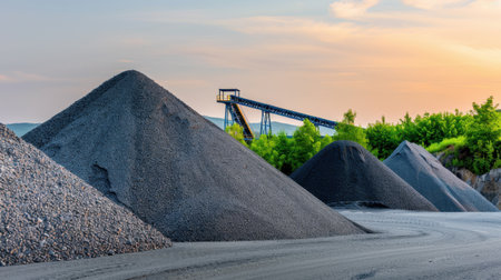 Scenic view of gravel and sand piles at a construction site, featuring a conveyor belt. The vibrant sunset creates a stunning backdrop for industrial activity.の素材