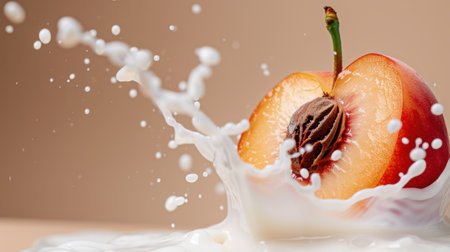 A captivating image of a fresh red apple surrounded by a splash of creamy milk, highlighting the freshness and vibrancy of natural ingredients. Perfect for healthy lifestyle themes.の素材