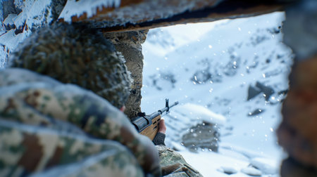 A soldier dressed in camouflage winter clothing aims a military rifle while observing a snowy mountain landscape. The scene captures tension in a cold environment.の素材