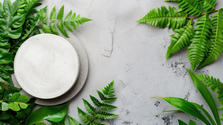 A serene and elegant tabletop setup featuring minimalist white plates and lush green fern leaves on a textured gray background, perfect for dining or decor inspiration.の素材