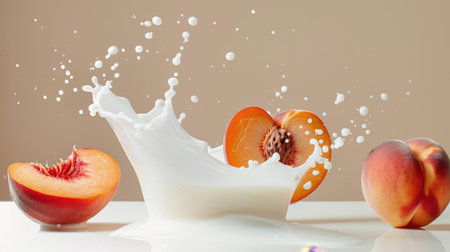 A captivating image of fresh peach slices and a splash of milk, showcasing vibrant colors and a dynamic scene. Perfect for food photography and summer vibes.の素材