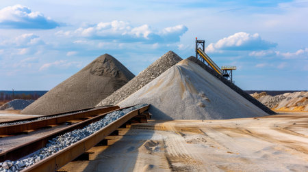 This stock photo showcases gravel and sand piles in an industrial setting, highlighting the machinery and tracks amidst a vibrant sky and clouds.の素材