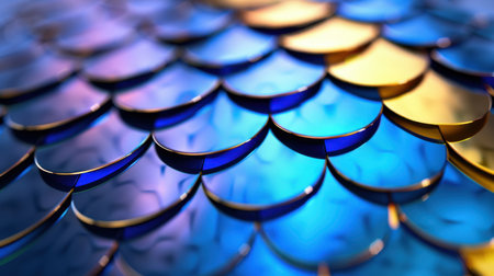This vibrant close-up features iridescent scales in striking blue and gold hues. The detailed texture and reflective surface create an eye-catching visual perfect for various creative projects.の素材
