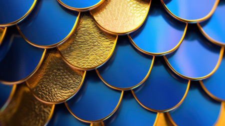 This image features a close-up view of beautifully crafted blue and gold scales, showcasing intricate textures and a vibrant color palette. The reflective surfaces create an elegant appearance, suitable for various artistic and decorative projects.の素材