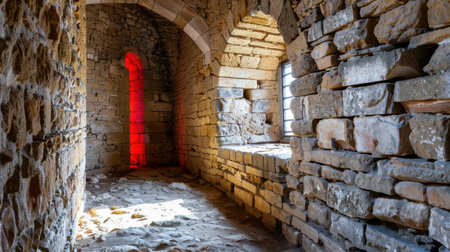 Explore the captivating interior of an ancient castle, featuring textured stone walls and a striking red light illuminating the corridor, creating a unique atmosphere.の素材