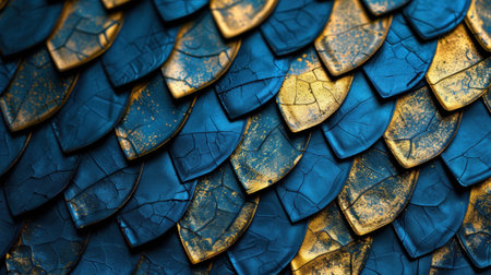 This image features an intricate close-up of shimmering blue and gold scales, perfect for design projects, backgrounds, and artistic inspiration.の素材
