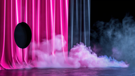 A captivating stage backdrop featuring vibrant pink curtains and an eerie smoky effect, perfect for performances, events, and creative showcases.の素材
