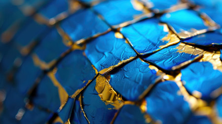 This captivating close-up image features an iridescent textured surface combining vibrant blue and elegant gold patterns, showcasing exceptional artistic craftsmanship.の素材