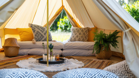 This image showcases a cozy glamping tent interior featuring plush cushions, soft textiles, and lush greenery, creating a perfect space for relaxation and tranquility.の素材