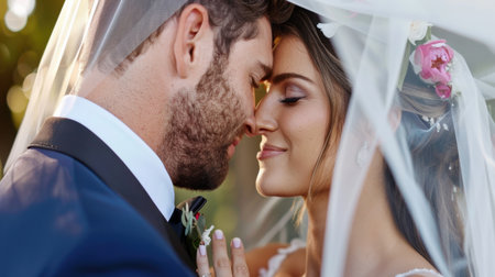 A beautiful moment captured between a bride and groom under a wedding veil, showcasing their love and affection during an outdoor ceremony.の素材
