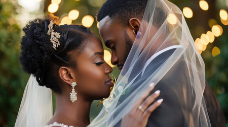 A stunning portrait of a bride and groom sharing a tender moment, surrounded by soft lights and greenery, capturing the essence of love and celebration.の素材