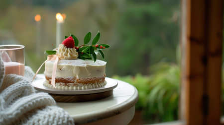 A beautifully crafted seasonal cake is adorned with fresh strawberries and greenery, creating a warm and inviting atmosphere perfect for celebrations.の素材