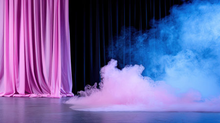 A captivating stage background featuring flowing pink curtains and vibrant colored fog. Ideal for performances, photography, and creative projects.の素材