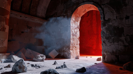 This captivating image features an archway illuminated by a fiery red glow, creating a mysterious atmosphere. Stone walls and scattered rocks enhance the surreal environment.の素材