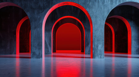 A visually striking interior featuring arches illuminated by red light, creating a captivating ambiance. The glossy floor enhances the contemporary aesthetic.の素材