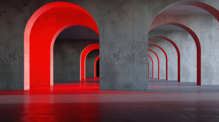 This striking image showcases a modern architectural interior with bold red arches, emphasizing minimalist design and captivating shadows. Perfect for artistic inspiration.の素材