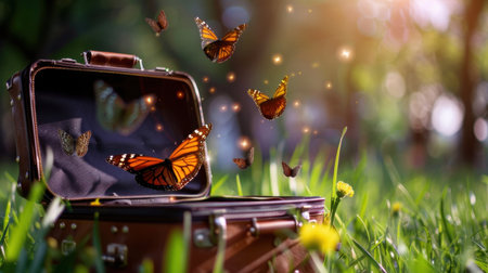 An enchanting scene of butterflies fluttering out of an open suitcase in a vibrant green field. This breathtaking image captures the essence of freedom and transformation in nature, illuminated by soft sunlight.の素材