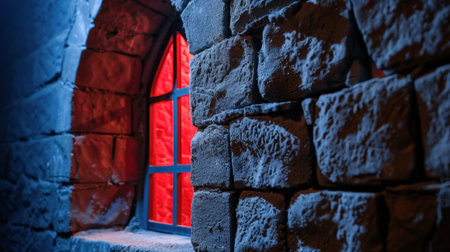 A captivating view of a stone wall with a gothic window adorned by a flowing red curtain, casting dramatic shadows in a dimly lit room.の素材
