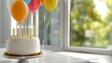A vibrant birthday cake adorned with colorful candles and surrounded by balloons, set against a bright room, perfect for festive celebrations.の素材