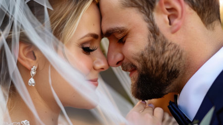 A stunning close-up of a bride and groom sharing an intimate moment during their wedding ceremony. The couple showcases genuine affection, framed by a delicate veil, capturing pure emotion and love on their special day.の素材