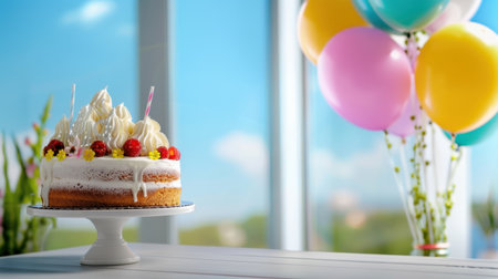 A beautifully decorated celebration cake topped with whipped cream sits on a white table, surrounded by colorful balloons, creating a joyful atmosphere for any festive occasion.の素材