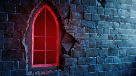 This image showcases a striking gothic window embedded in an aged stone wall, illuminated from within by a captivating red light, creating an atmospheric effect.の素材