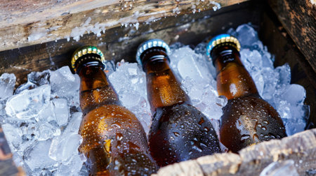 Three chilled bottled beers rest in a rustic wooden crate, surrounded by ice and caught in condensation, creating a refreshing summer atmosphere.の素材