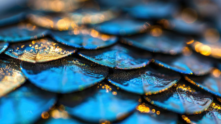 This captivating close-up image showcases iridescent scales featuring vibrant shades of blue and shimmering light patterns, perfect for art or nature themes.の素材
