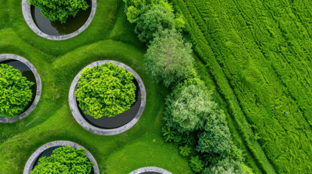 This captivating aerial image features circular plantings surrounded by rich green grass and tranquil water reflections, capturing the beauty of nature's design.の素材