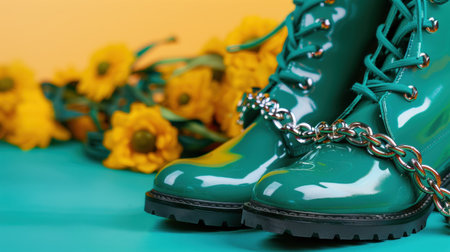 This vibrant image showcases bright green boots adorned with a chain, surrounded by cheerful yellow flowers against a colorful backdrop, ideal for fashion shoots.の素材