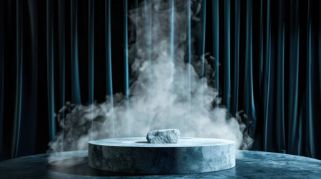 A striking visual of a singular stone positioned on a circular pedestal, enveloped in mist and set against elegant blue drapery, creating an artistic atmosphere.の素材
