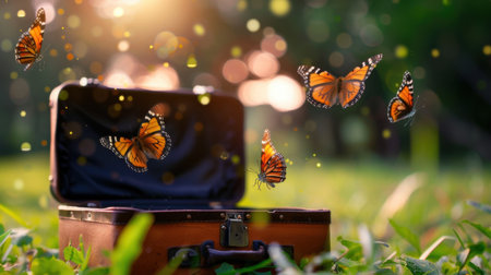 A captivating scene featuring a vintage suitcase in an enchanting meadow filled with vibrant butterflies, highlighting beauty and inspiration in nature.の素材