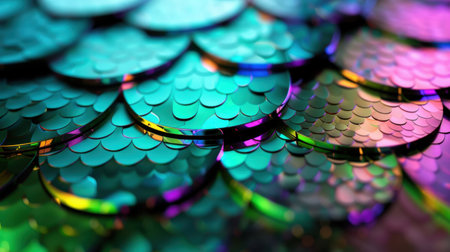 Close-up of vibrant iridescent scales showcasing a stunning array of colors and textures, perfect for backgrounds and creative design projects.の素材