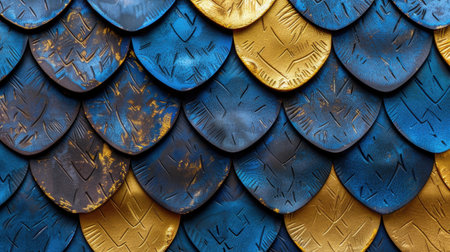 Textured background featuring vibrant blue and gold scales, ideal for creative projects, artwork, or as an elegant design element. Perfect for adding a unique touch.の素材