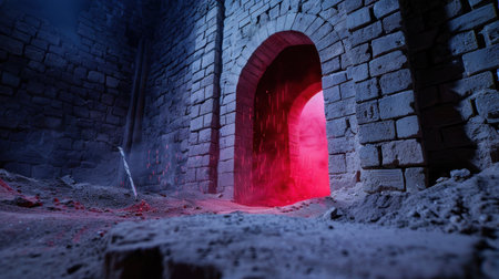 This image depicts a mysterious brick archway illuminated by colorful lighting, creating an eerie atmosphere within ancient ruins. Dust covers the ground.の素材