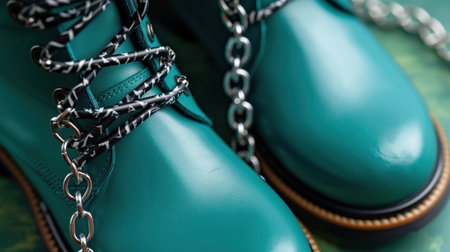 These fashionable turquoise leather boots feature striking chain details and stylish patterned laces, perfect for any modern outfit and occasion.の素材