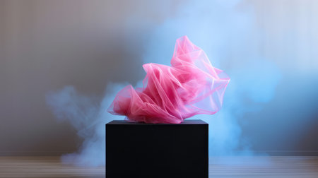 This stunning image features soft pink tulle artfully draped over a minimal black cube, set against a backdrop of blue smoke. The ethereal quality of the fabric combined with the playful light creates a captivating visual experience, perfect for artistic projects or contemporary design inspiration.の素材