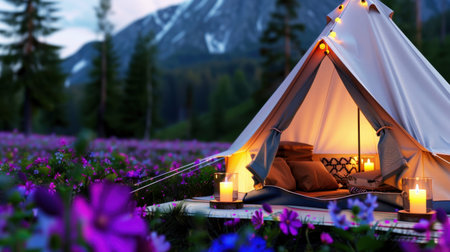 A serene glamping scene featuring a cozy tent adorned with candles, set amidst a vibrant flower field with majestic mountains in the background at dusk.の素材