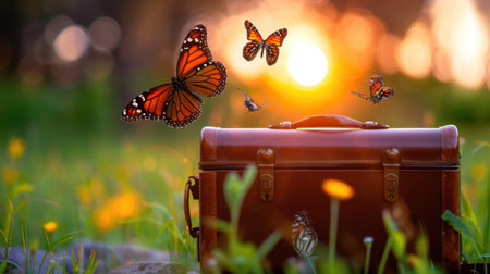 A beautiful vintage suitcase sits in a sunlit field, surrounded by colorful butterflies. The scene captures the essence of nature, adventure, and transformation.の素材
