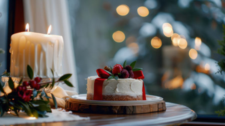 A beautifully arranged cheesecake topped with fresh berries and a ribbon, set on a wooden table next to a glowing candle and festive lights.の素材