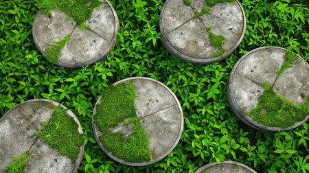 Aerial view of circular stone pathways covered with patches of greenery, surrounded by vibrant green plants, showcasing a serene natural setting.の素材